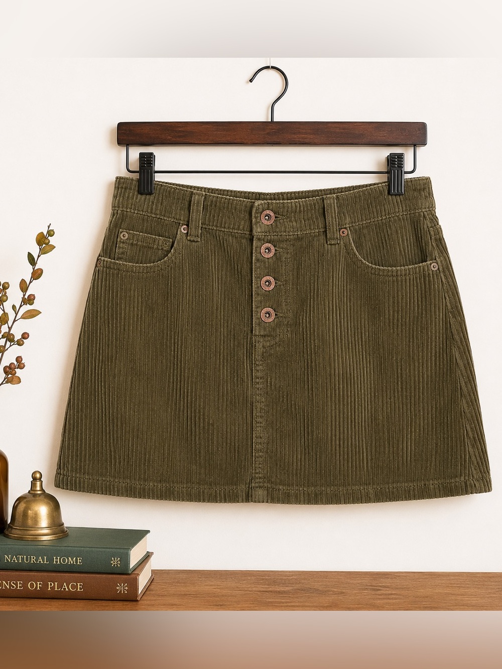 White Crow Olive Green Corduroy Button Fly Mini Skirt L